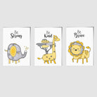 Nursery Set of 3 FRAMED JUNGLE Animals Yellow Art Prints | Artze Wall Art UK