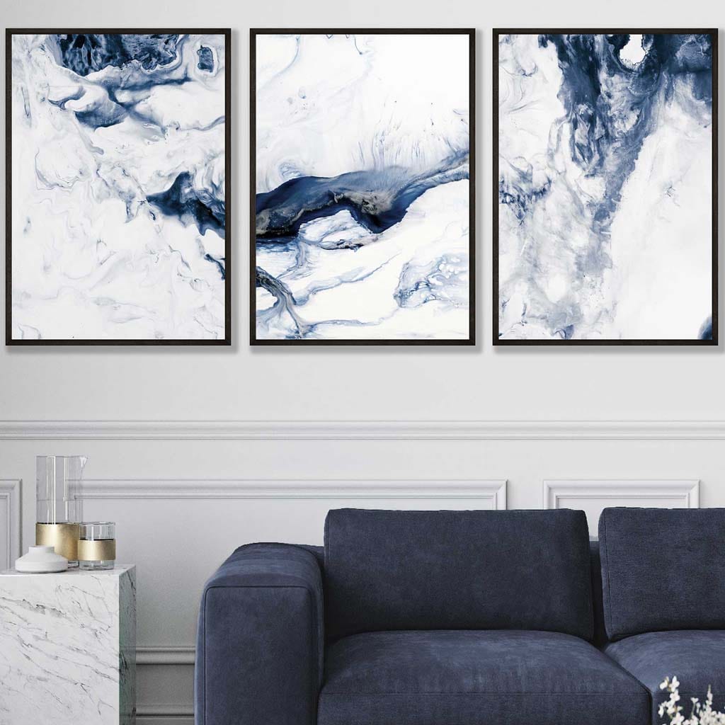 Set of 3 Navy Blue Abstract Ocean Waves Wall Art Prints