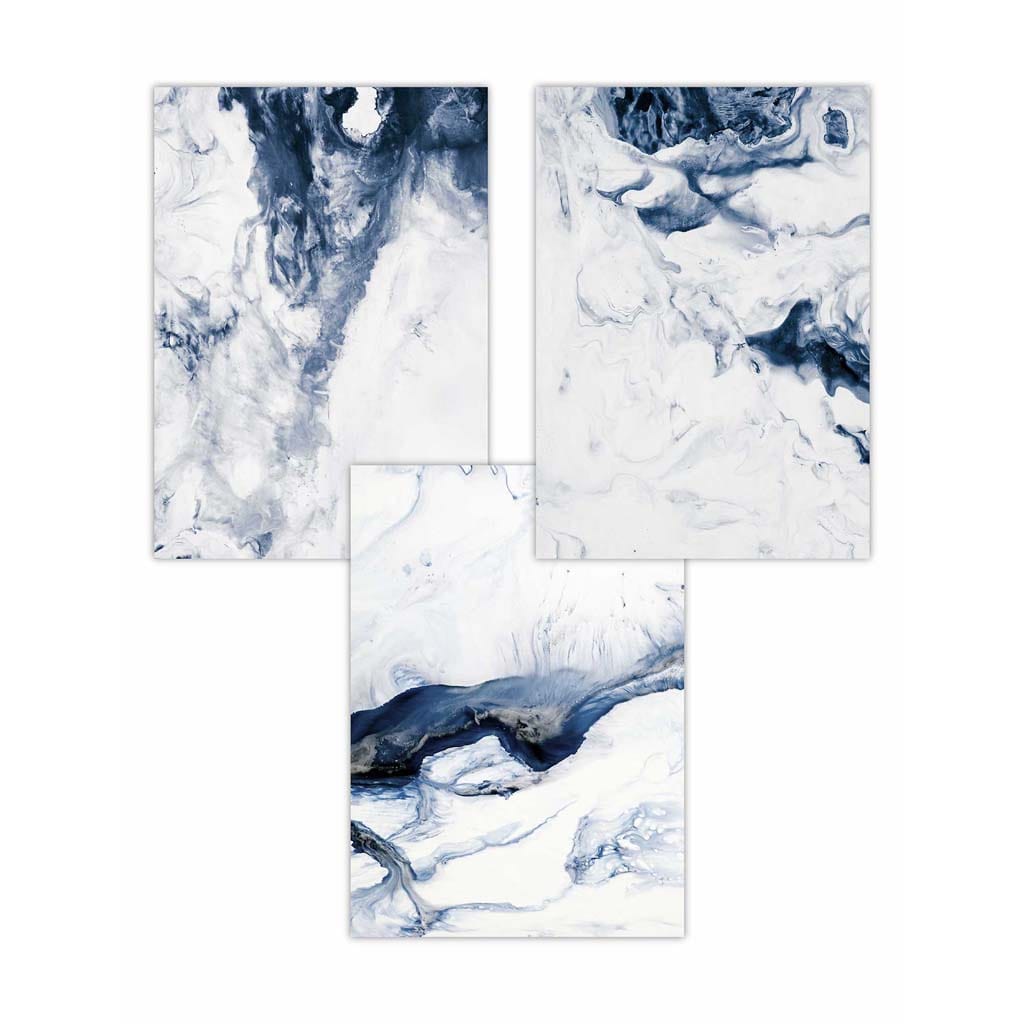 Set of 3 Navy Blue Abstract Ocean Waves Wall Art Prints