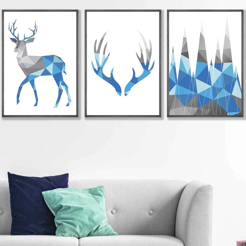 Set of 3 GEOMETRIC Bright Blue & Grey STAG Antlers and Forest Art Prints