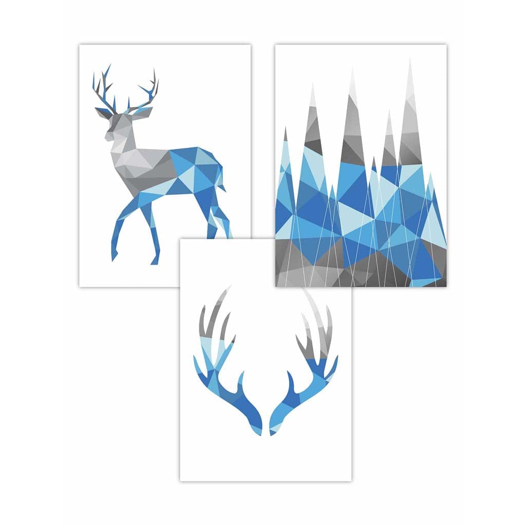 Set of 3 GEOMETRIC Bright Blue & Grey STAG Antlers and Forest Art Prints