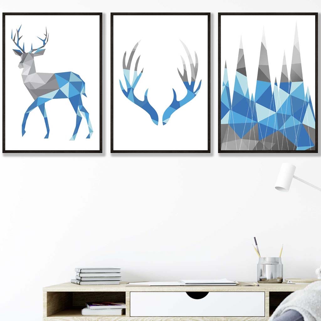 Set of 3 GEOMETRIC Bright Blue & Grey STAG Antlers and Forest Art Prints