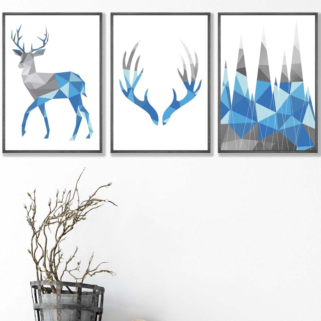 Set of 3 GEOMETRIC Bright Blue & Grey STAG Antlers and Forest Art Prints