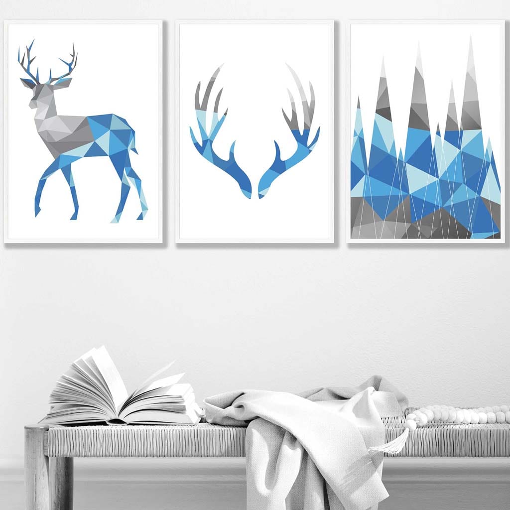 Set of 3 GEOMETRIC Bright Blue & Grey STAG Antlers and Forest Art Prints