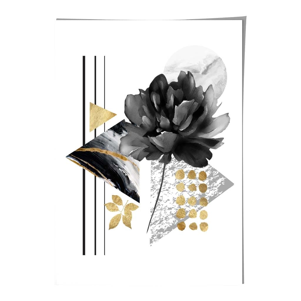 Black and Gold Abstract Flower with Geometric Shapes No 1 Wall Art Print