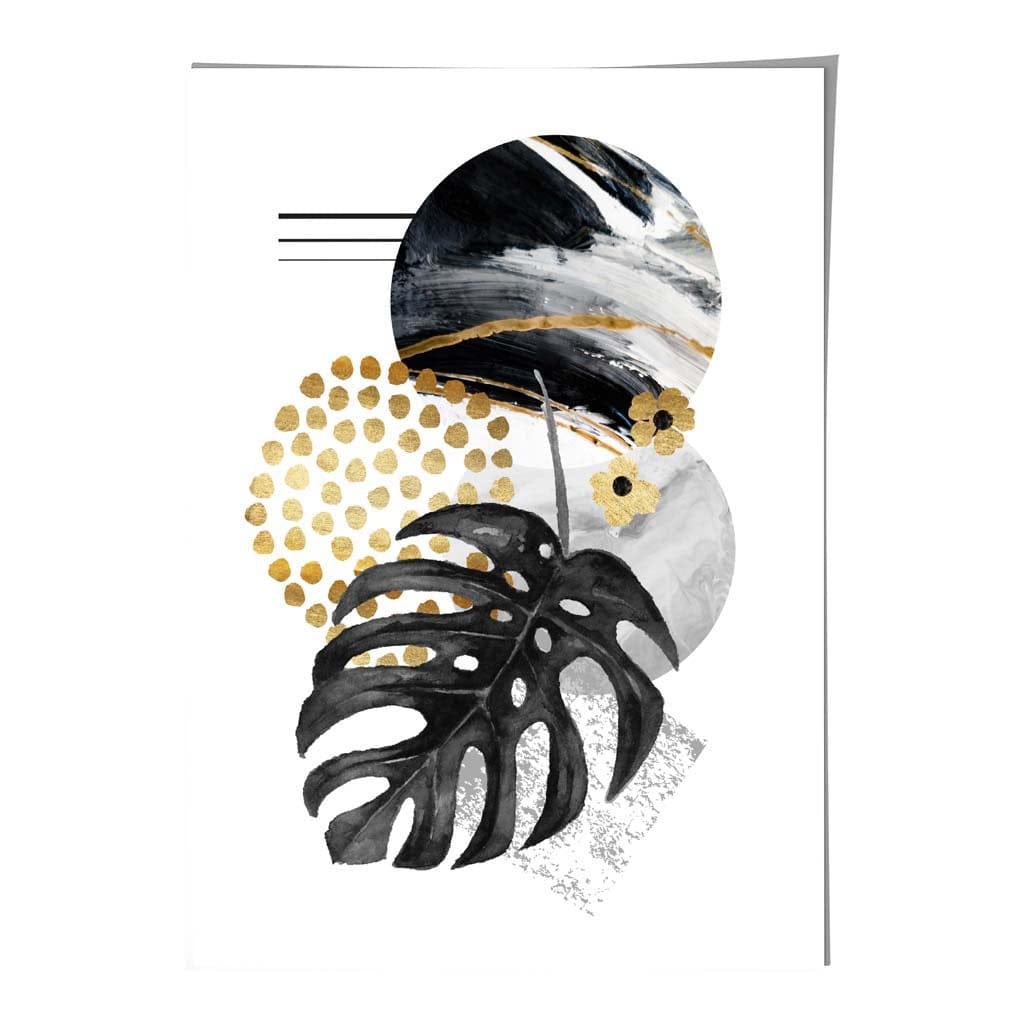 Black and Gold Abstract Leaf with Geometric Shapes Wall Art Print