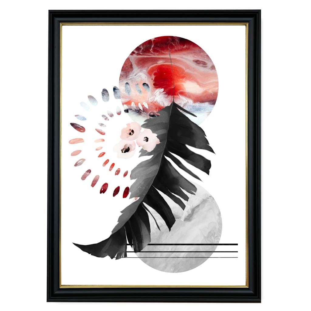 Black and Red Abstract Leaf with Geometric Shapes Wall Art Print