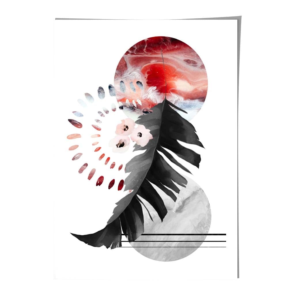 Black and Red Abstract Leaf with Geometric Shapes Wall Art Print