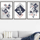 BOTANICAL Set of 3 Abstract GEOMETRIC Navy Blue and Pink Floral Prints