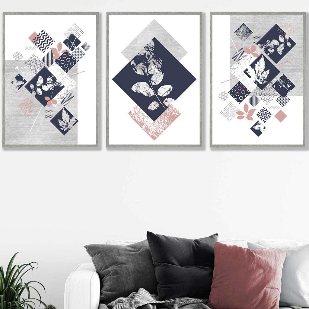 BOTANICAL Set of 3 Abstract GEOMETRIC Navy Blue and Pink Floral Prints