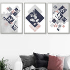 BOTANICAL Set of 3 Abstract GEOMETRIC Navy Blue and Pink Floral Prints