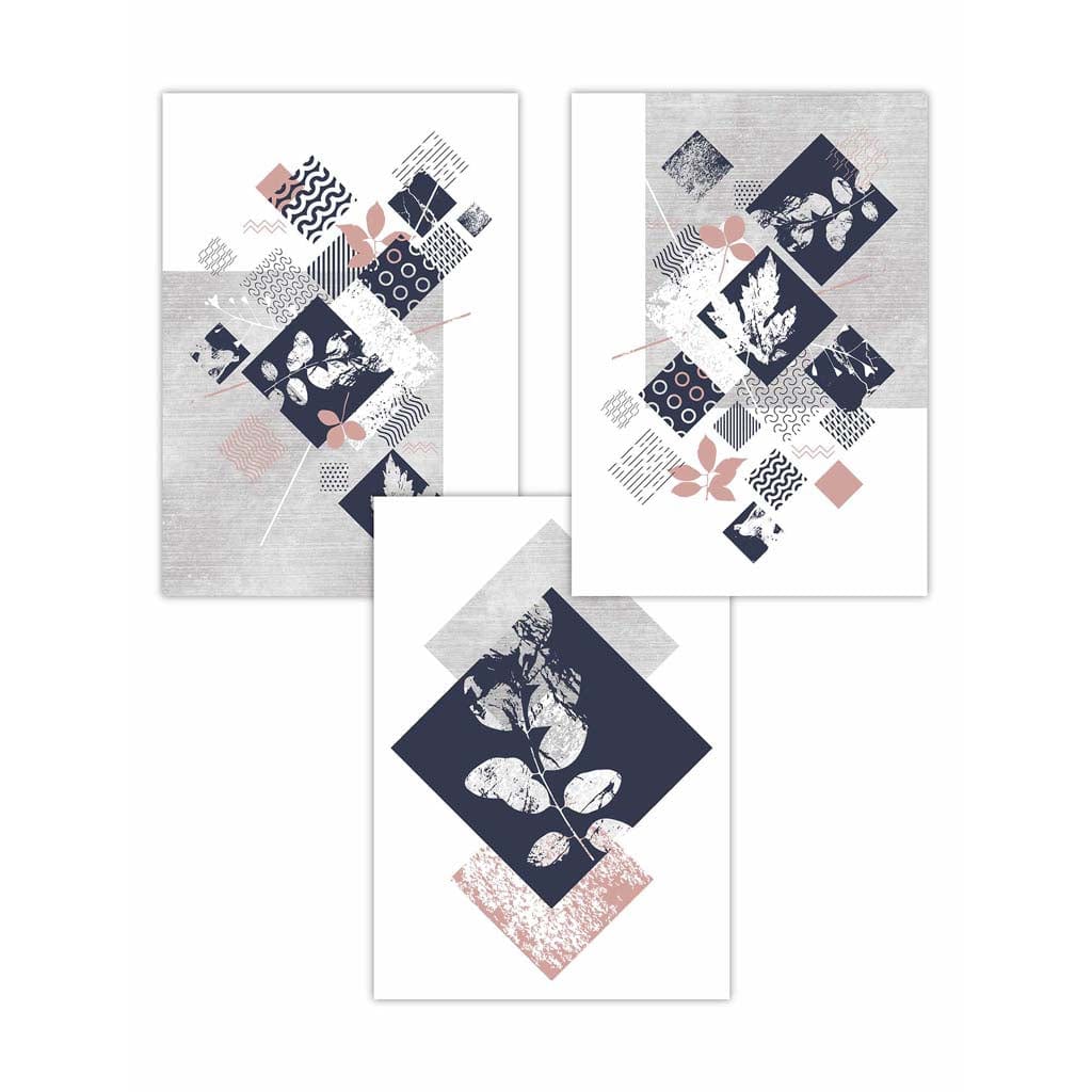 BOTANICAL Set of 3 Abstract GEOMETRIC Navy Blue and Pink Floral Prints