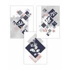 BOTANICAL Set of 3 Abstract GEOMETRIC Navy Blue and Pink Floral Prints