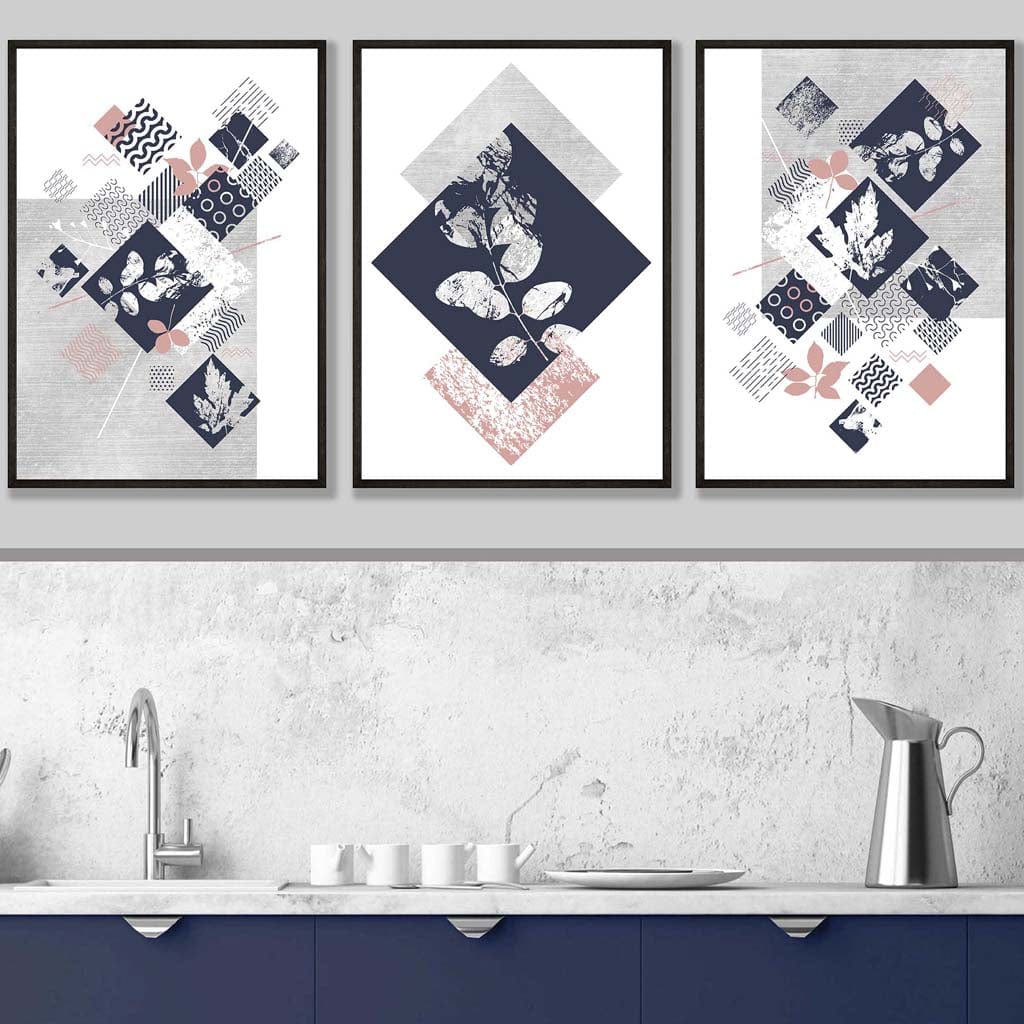 BOTANICAL Set of 3 Abstract GEOMETRIC Navy Blue and Pink Floral Prints