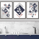 BOTANICAL Set of 3 Abstract GEOMETRIC Navy Blue and Pink Floral Prints