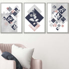BOTANICAL Set of 3 Abstract GEOMETRIC Navy Blue and Pink Floral Prints