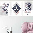 BOTANICAL Set of 3 Abstract GEOMETRIC Navy Blue and Pink Floral Prints
