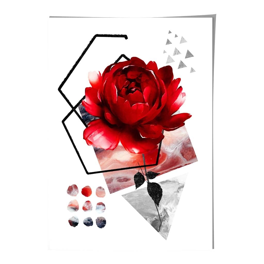 Black and Red Abstract Flower with Geometric Shapes No 2 Wall Art Print