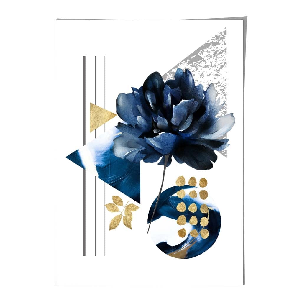 Navy Blue and Gold Abstract Flower with Geometric Shapes No 1 Wall Art Print