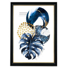 Navy Blue and Gold Abstract Leaf with Geometric Shapes Wall Art Print