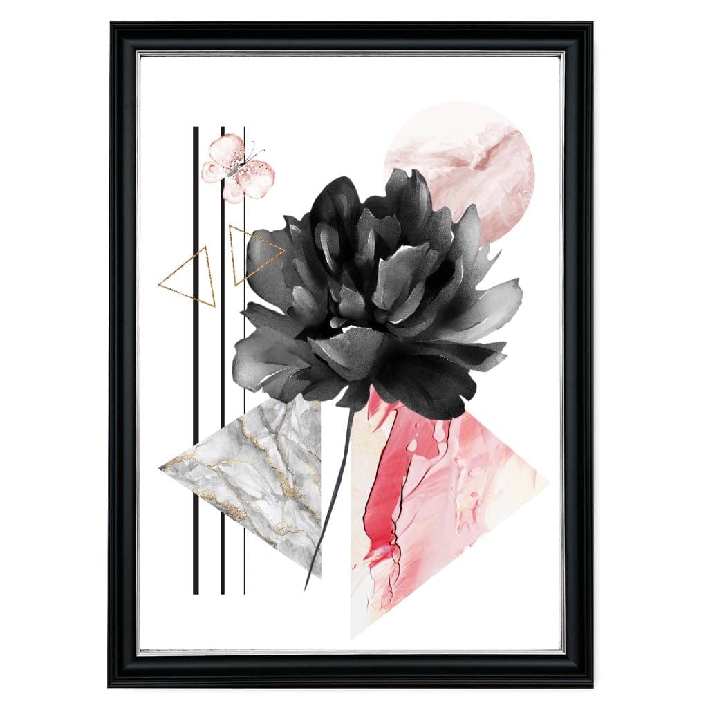 Pink and Black Abstract Flower with Geometric Shapes No 1 Wall Art Print