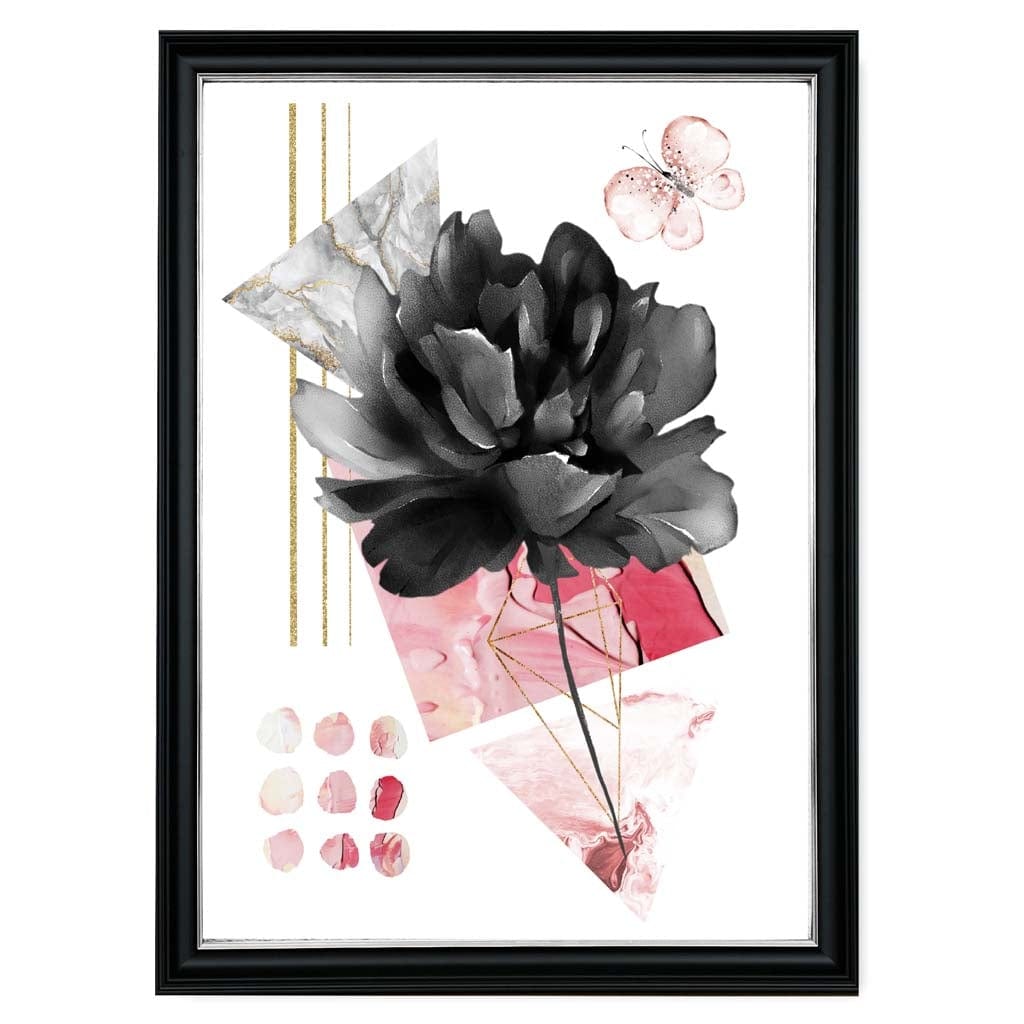 Pink and Black Abstract Flower with Geometric Shapes No 2 Wall Art Print