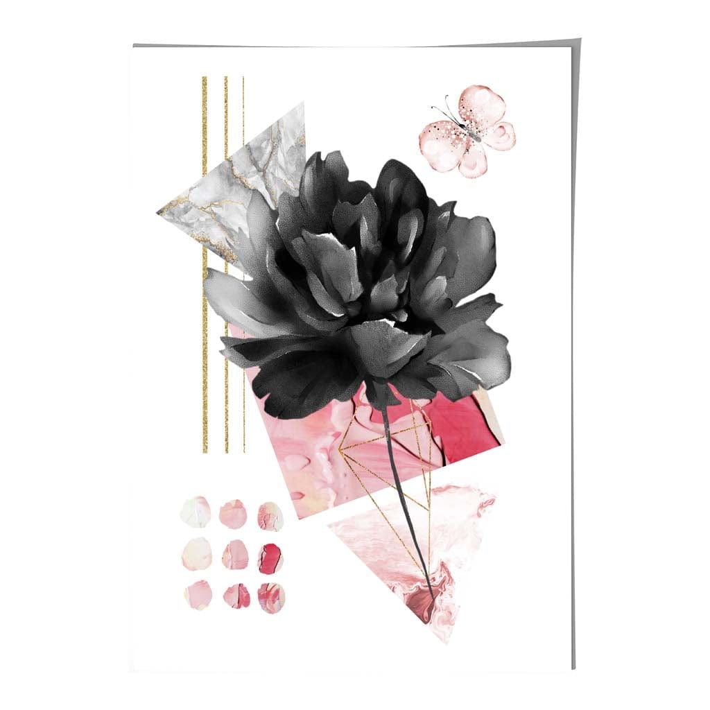 Pink and Black Abstract Flower with Geometric Shapes No 2 Wall Art Print