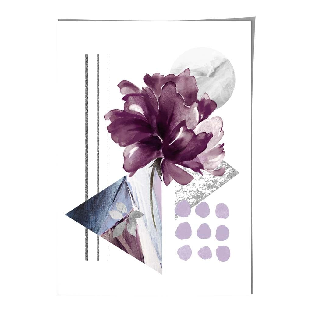 Purple and Silver Grey Abstract Flower with Geometric Shapes No 1 Wall Art Print