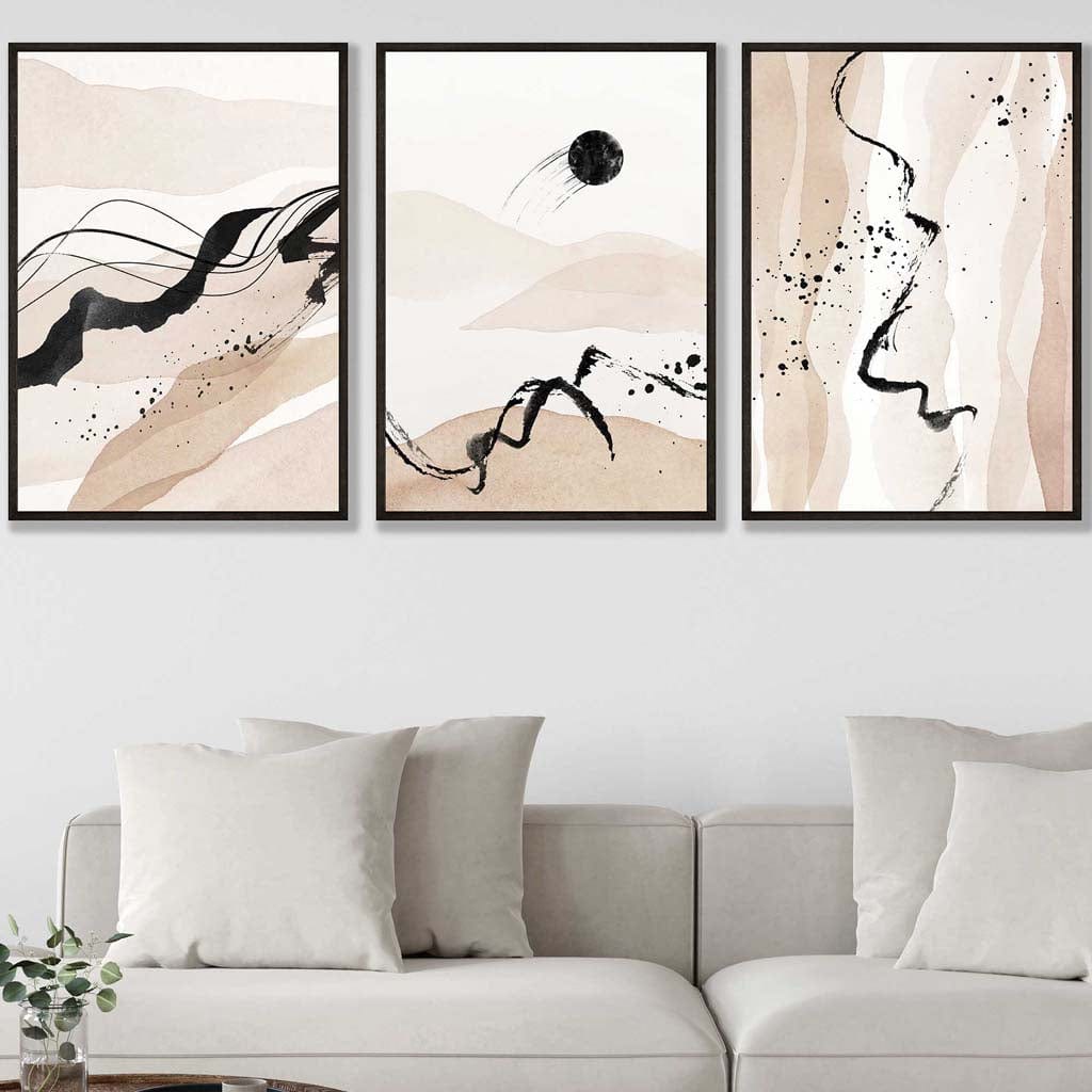 Set of 3 Beige and Black Abstract Landscape Wall Art Prints