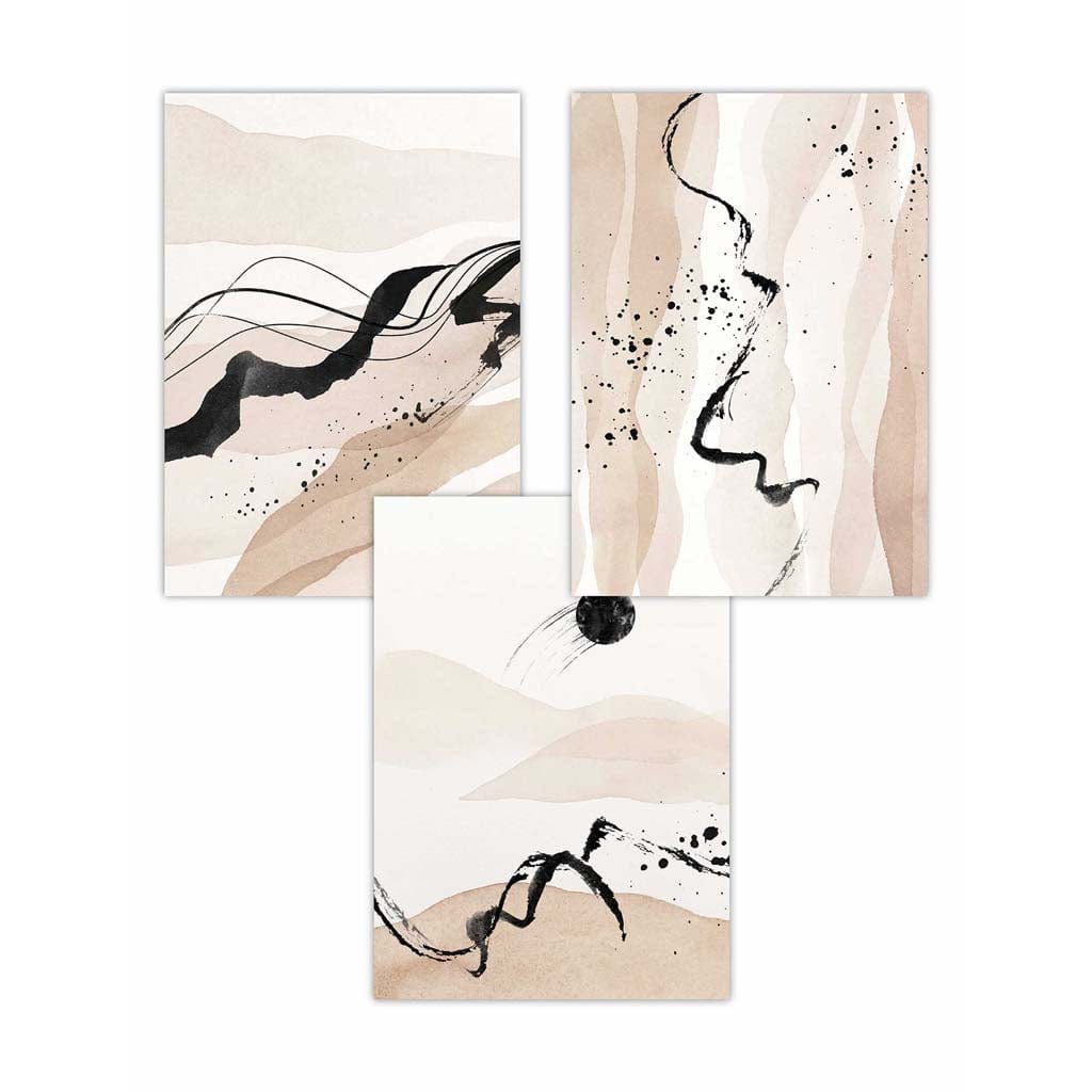 Set of 3 Beige and Black Abstract Landscape Wall Art Prints