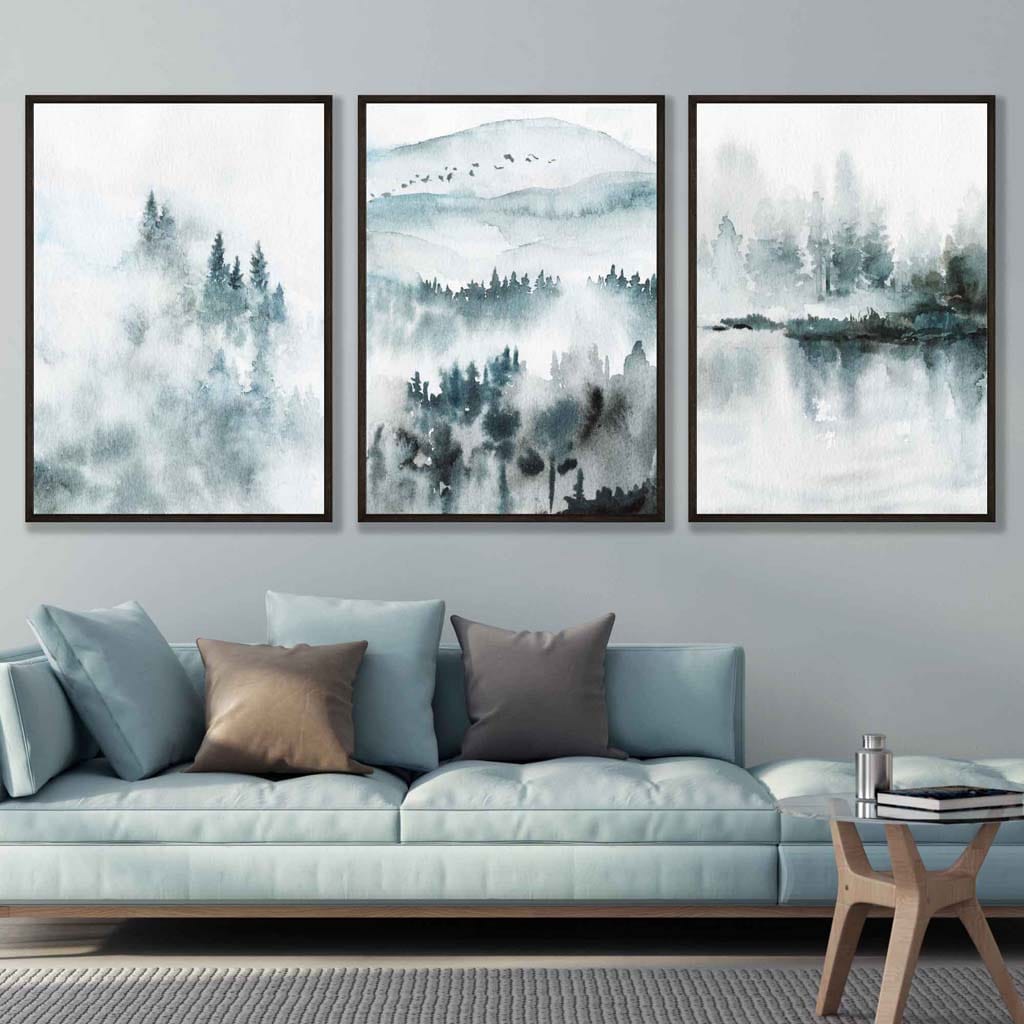 Teal Blue Abstract Forest Lake Set of 3 Wall Art Prints