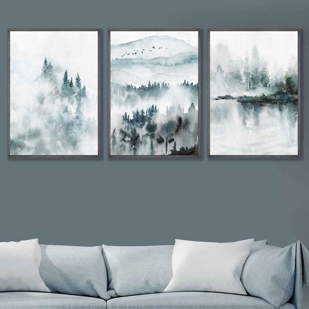 Teal Blue Abstract Forest Lake Set of 3 Wall Art Prints