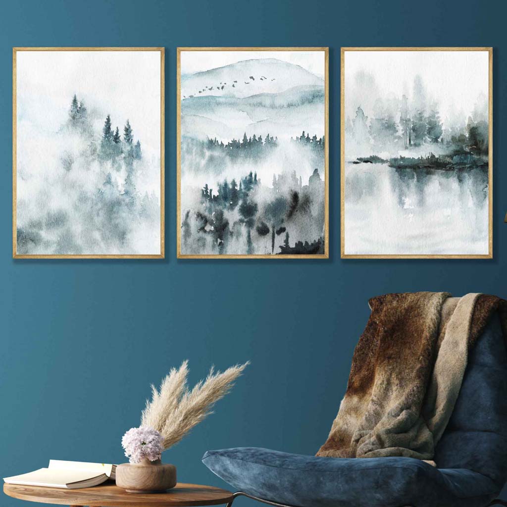 Teal Blue Abstract Forest Lake Set of 3 Wall Art Prints