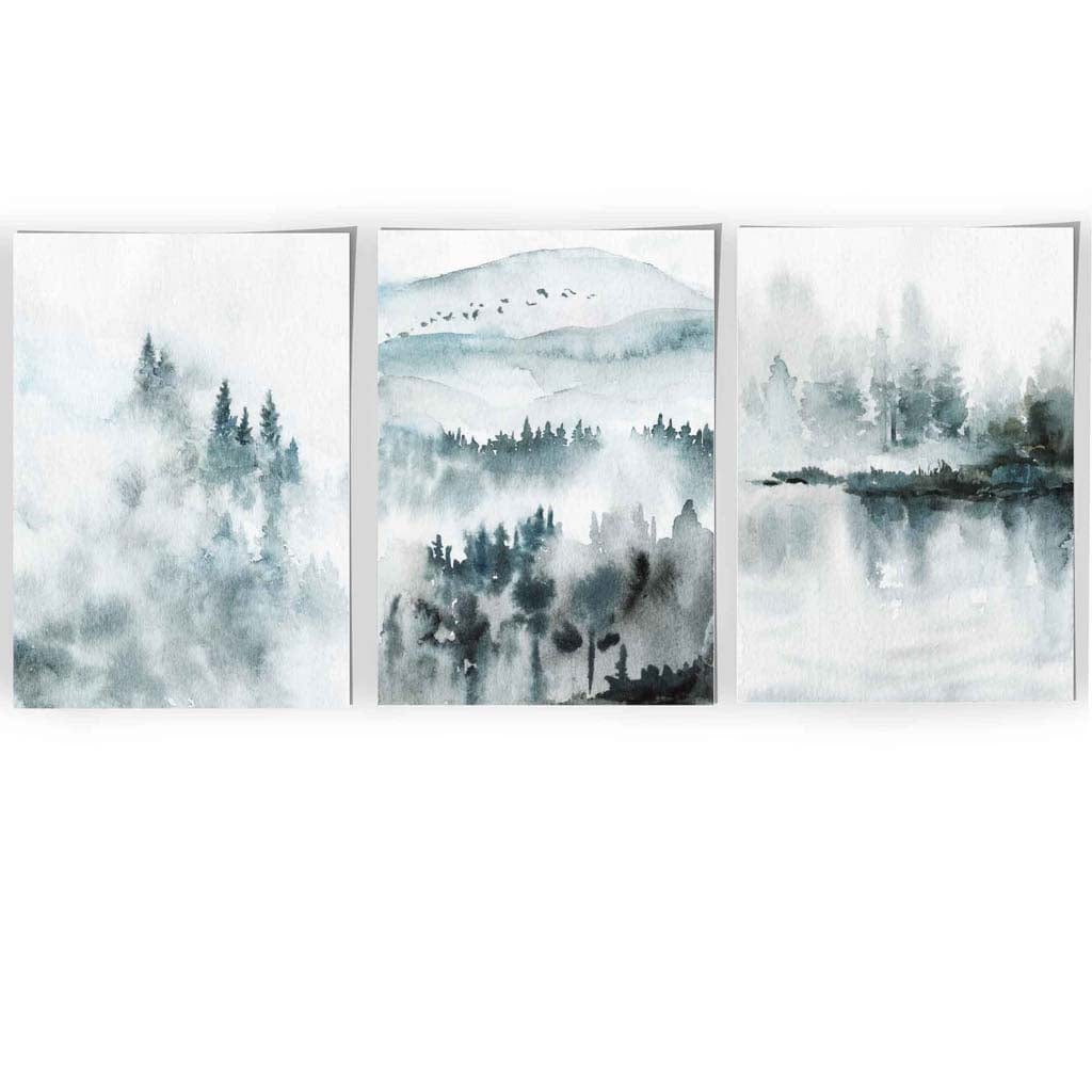Teal Blue Abstract Forest Lake Set of 3 Wall Art Prints