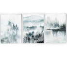 Teal Blue Abstract Forest Lake Set of 3 Wall Art Prints