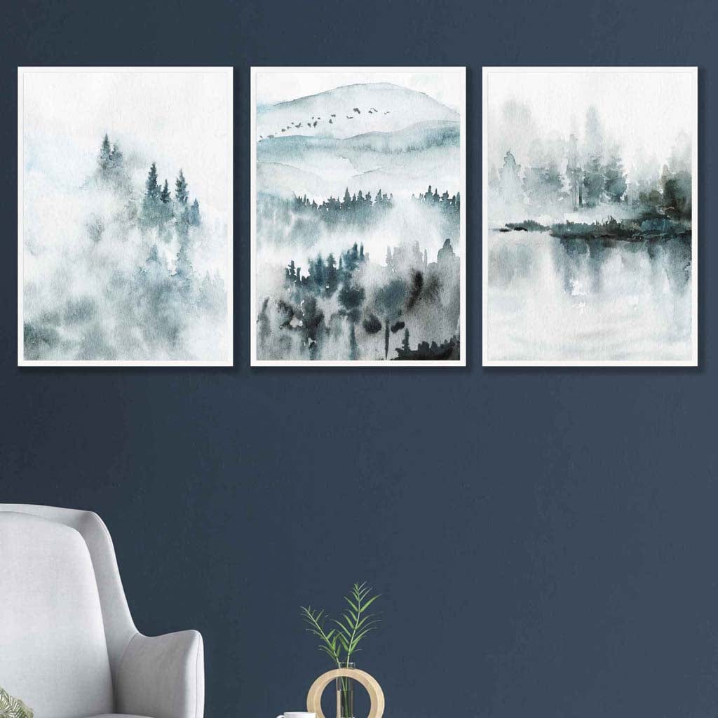 Teal Blue Abstract Forest Lake Set of 3 Wall Art Prints