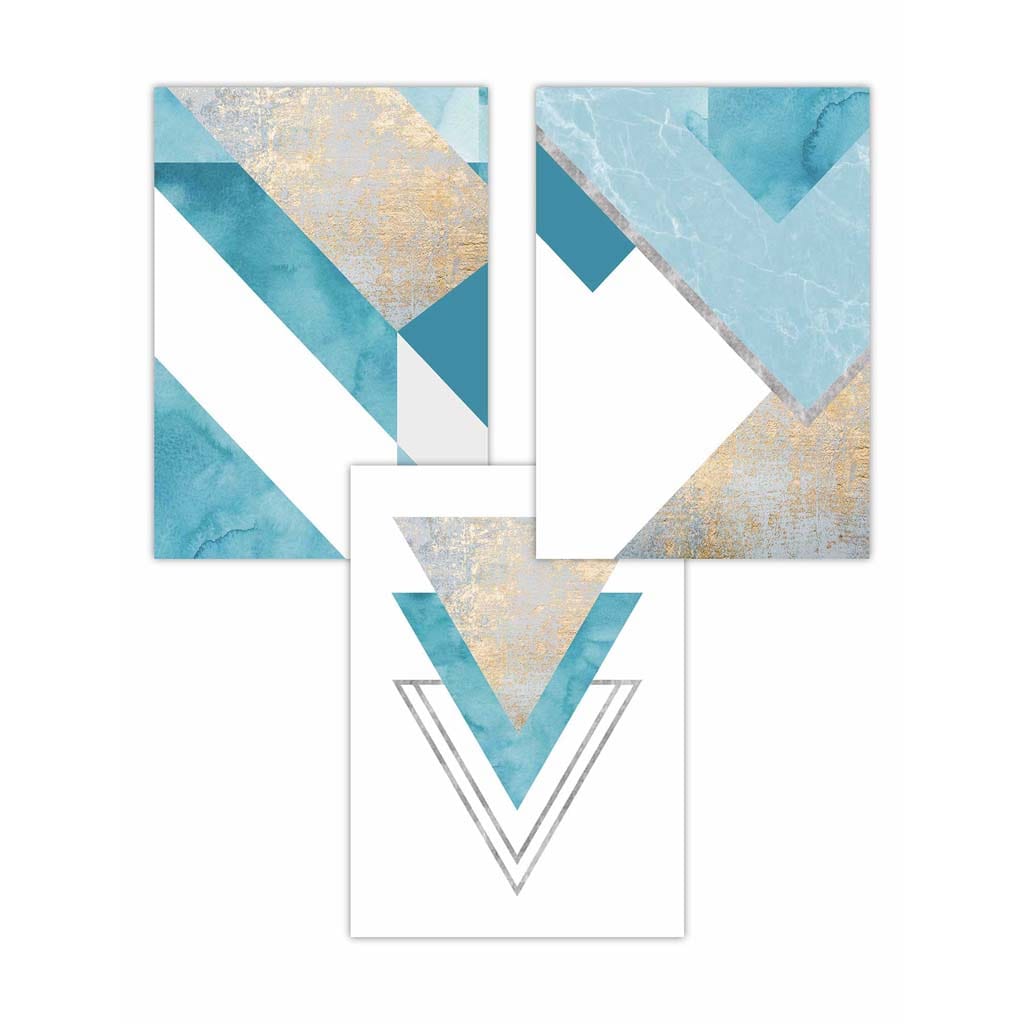 Set of 3 Aqua Blue Abstract Mid Century Geometric Wall Art Prints