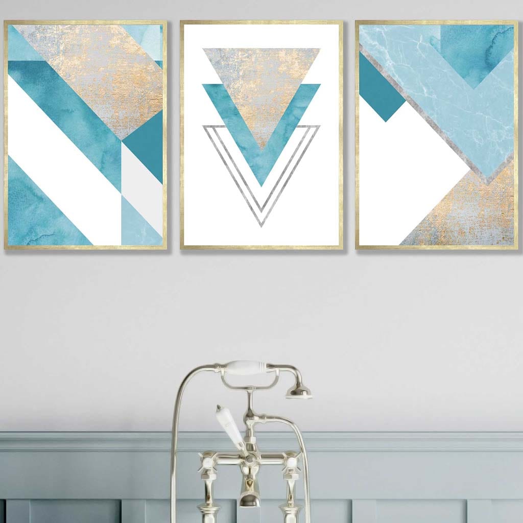 Set of 3 Aqua Blue Abstract Mid Century Geometric Wall Art Prints