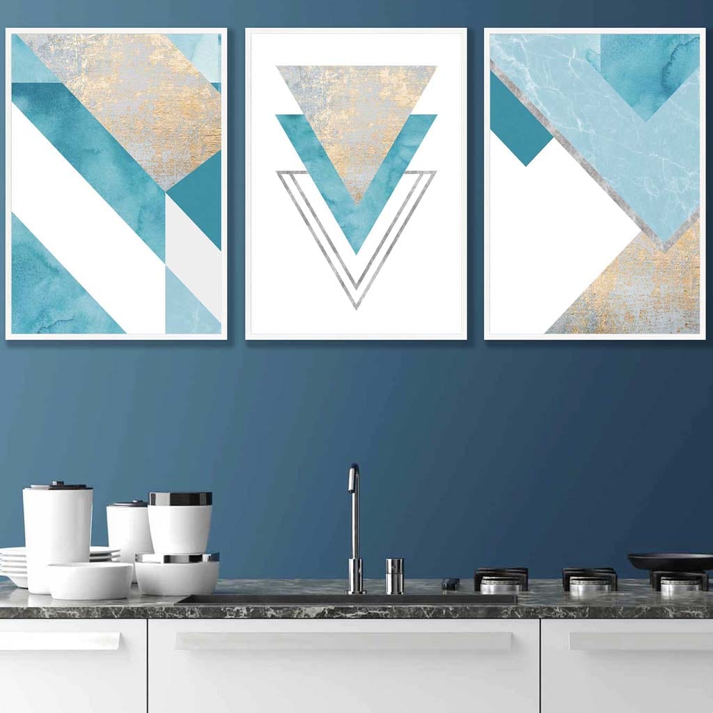 Set of 3 Aqua Blue Abstract Mid Century Geometric Wall Art Prints