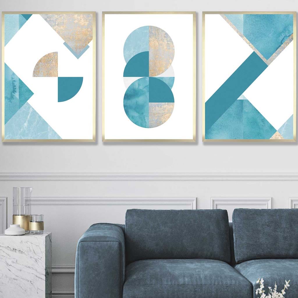 GEOMETRIC set of 3 Aqua Blue and Gold Art Prints Abstract Circles
