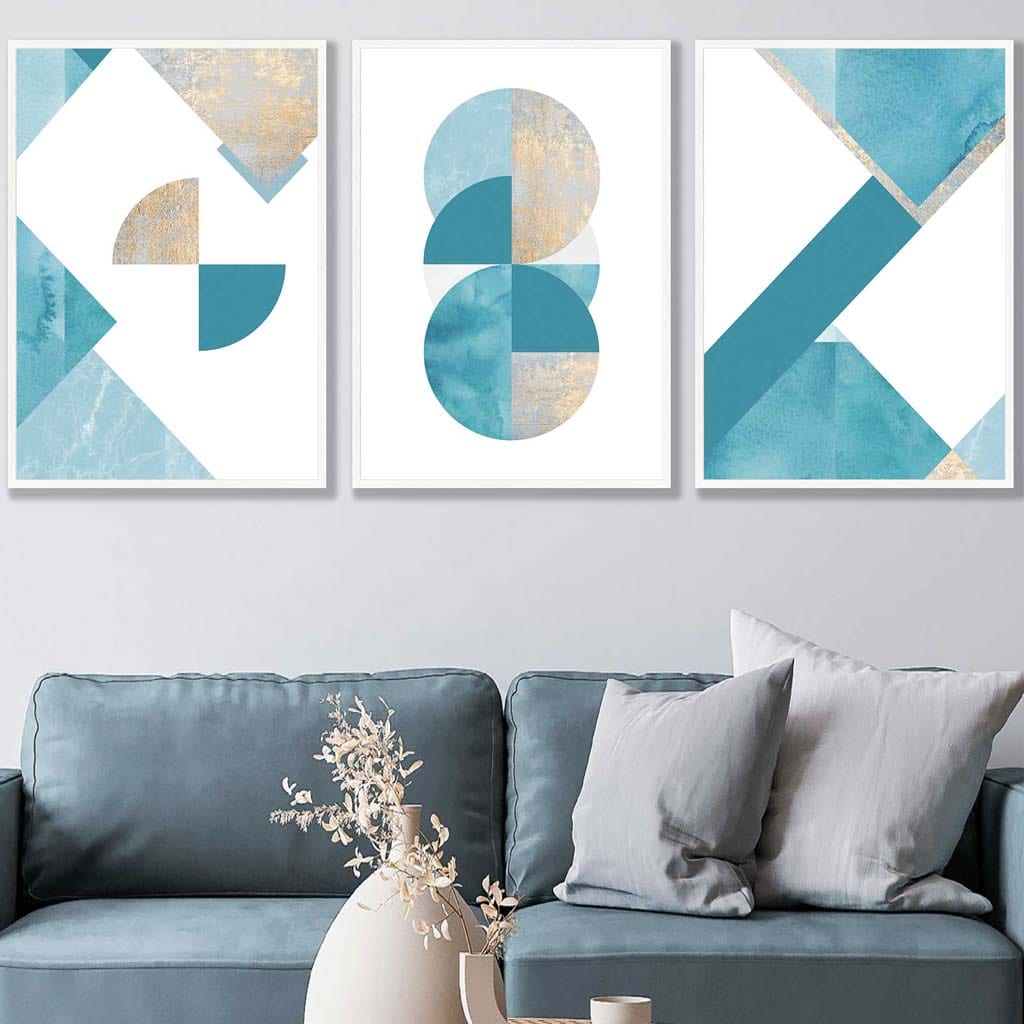 GEOMETRIC set of 3 Aqua Blue and Gold Art Prints Abstract Circles