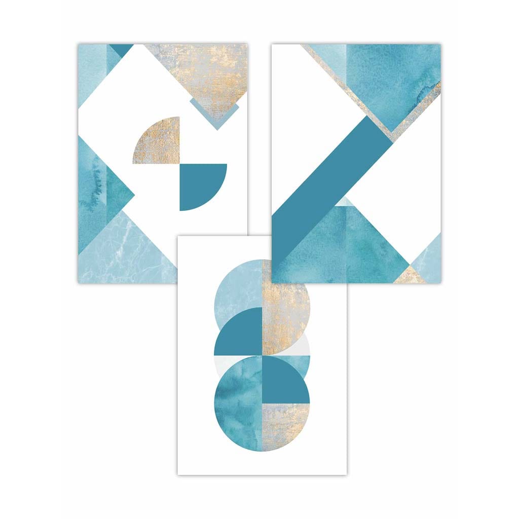 GEOMETRIC set of 3 Aqua Blue and Gold Art Prints Abstract Circles