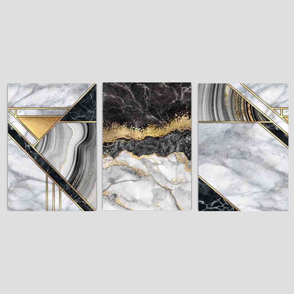Set of 3 Black Marble and Gold Geometric Wall Art Prints