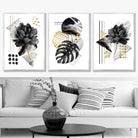 Set of 3 Abstract Black and Gold Botanical Wall Art Prints