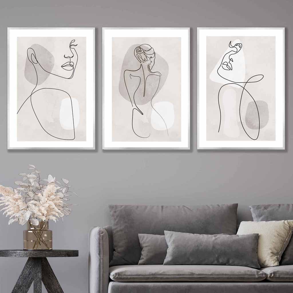 Minimal Female Line Art Grey & Beige Wall Art Set of 3 Framed | Artze Wall Art UK