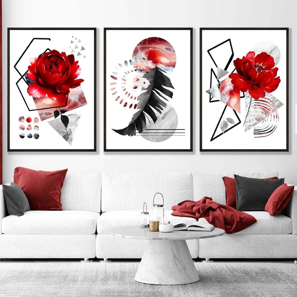 Abstract Red and Black Floral Peony Wall Art Prints