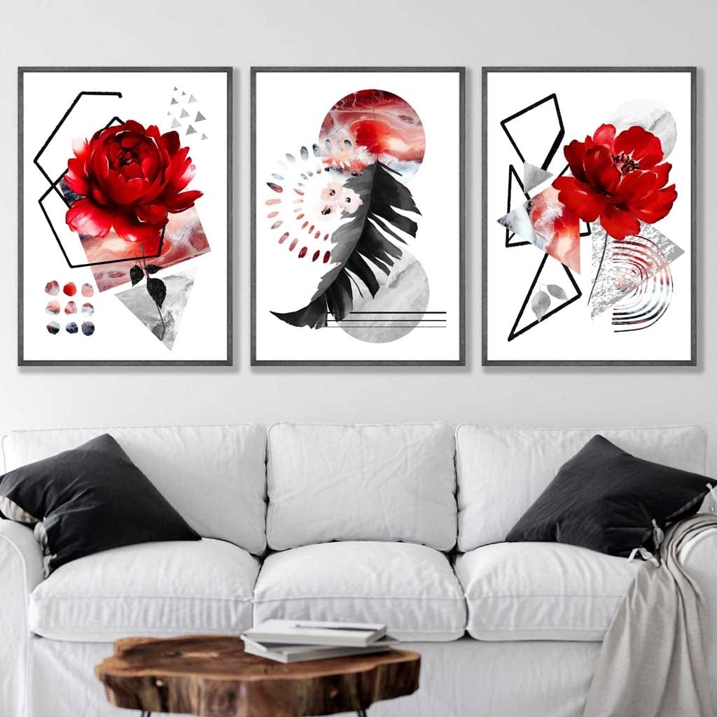 Abstract Red and Black Floral Peony Wall Art Prints