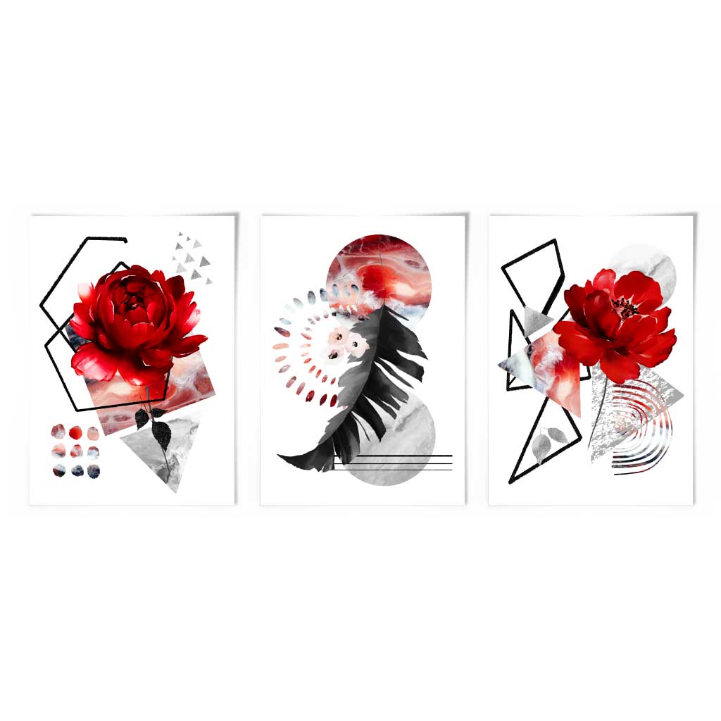 Abstract Red and Black Floral Peony Wall Art Prints