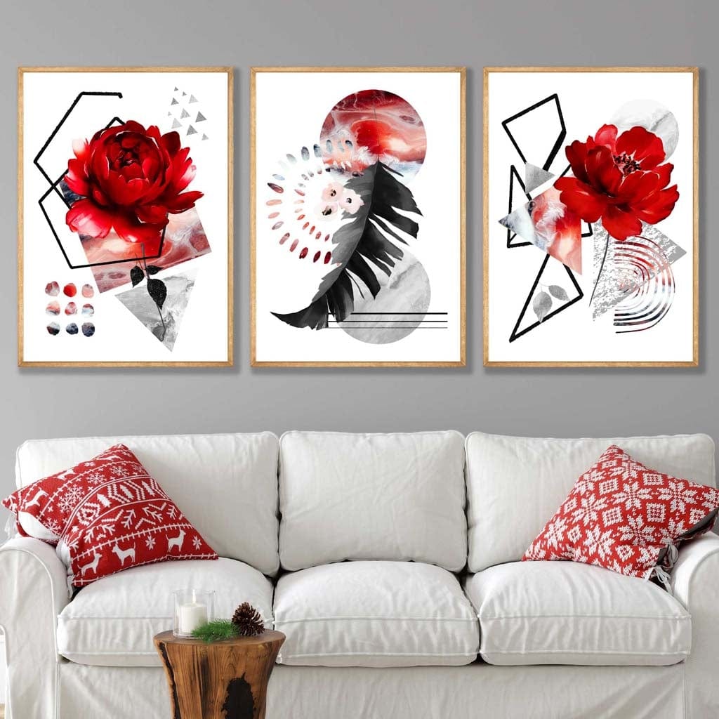 Abstract Red and Black Floral Peony Wall Art Prints