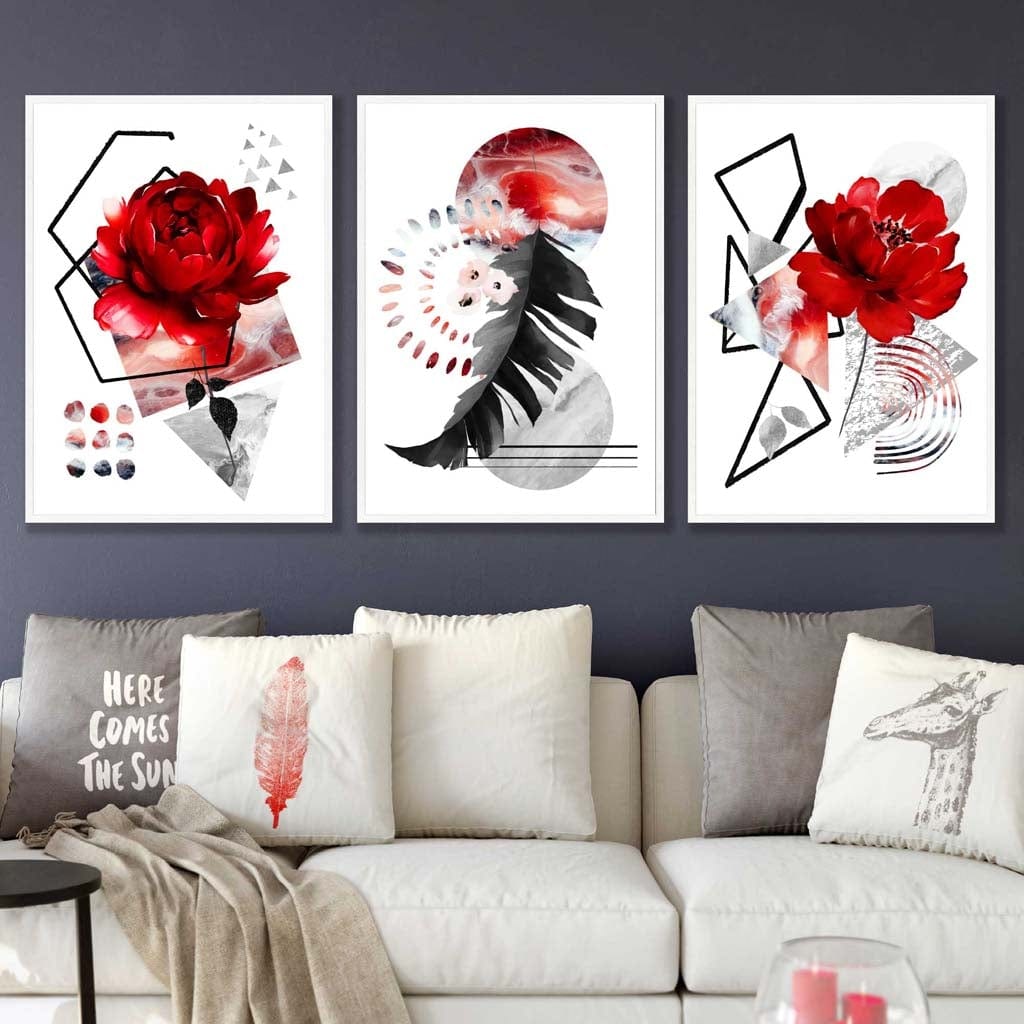 Abstract Red and Black Floral Peony Wall Art Prints